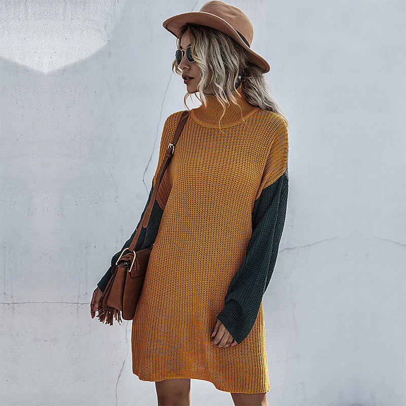 Oversized Color-Block Sweater Dress with Turtleneck