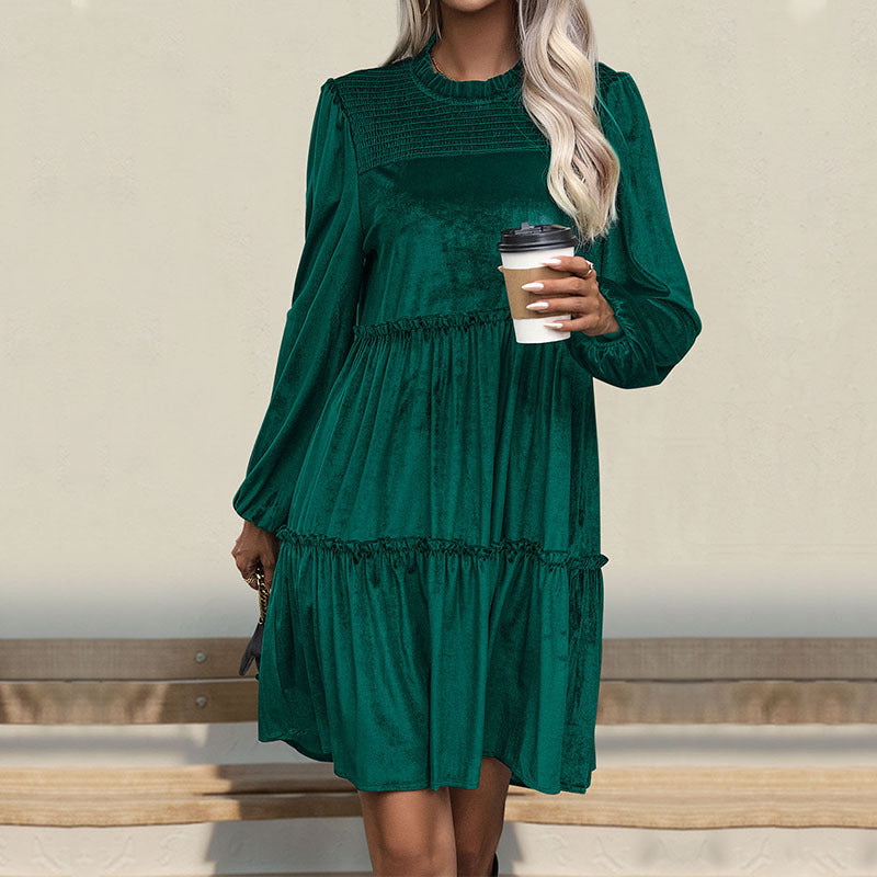 Velvet Smock Dress with Ruffled Tiers and Smocked Crewneck