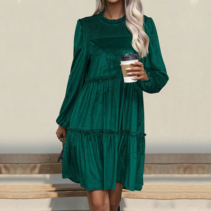 Velvet Smock Dress with Ruffled Tiers and Smocked Crewneck