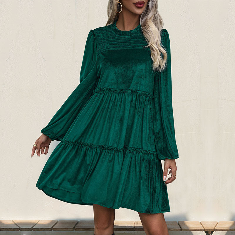 Velvet Smock Dress with Ruffled Tiers and Smocked Crewneck