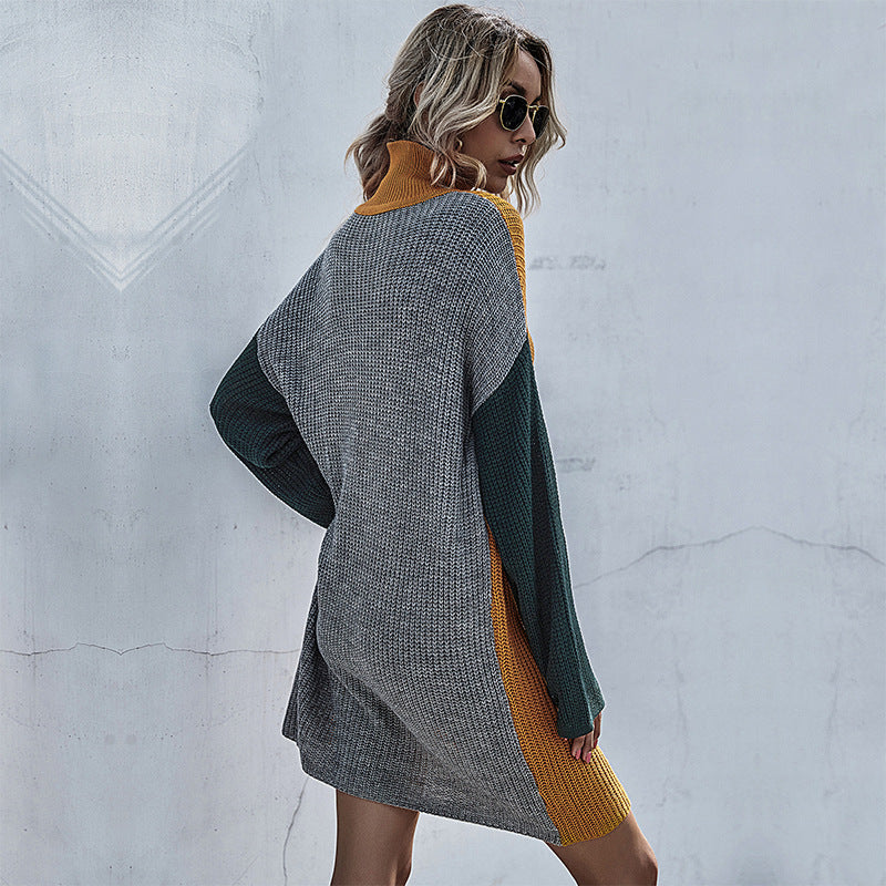 Oversized Color-Block Sweater Dress with Turtleneck