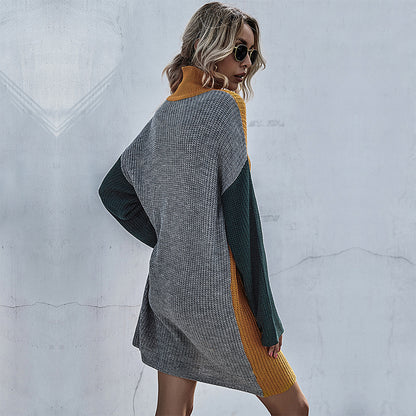 Oversized Color-Block Sweater Dress with Turtleneck