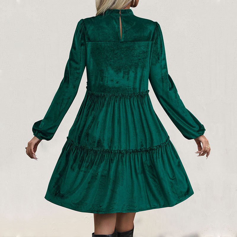 Velvet Smock Dress with Ruffled Tiers and Smocked Crewneck
