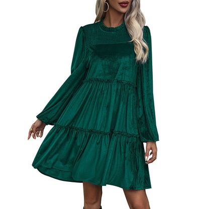 Velvet Smock Dress with Ruffled Tiers and Smocked Crewneck