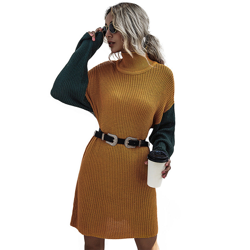 Oversized Color-Block Sweater Dress with Turtleneck