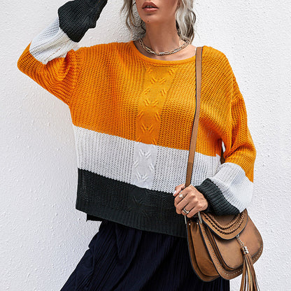 Loose Fit Color-Block Knit Sweater with Crewneck