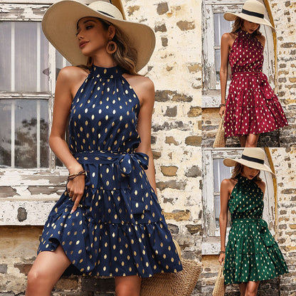 Gold Foil Print Tiered A-Line Dress with Halter Neck and Tie Waist