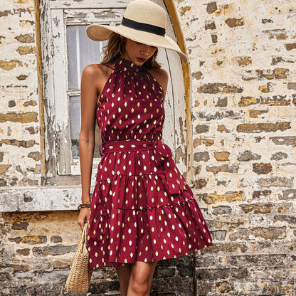 Gold Foil Print Tiered A-Line Dress with Halter Neck and Tie Waist