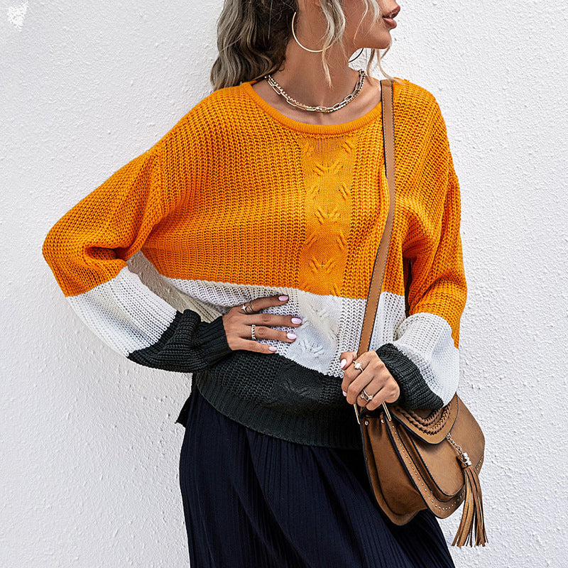Loose Fit Color-Block Knit Sweater with Crewneck