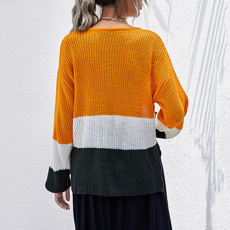 Loose Fit Color-Block Knit Sweater with Crewneck