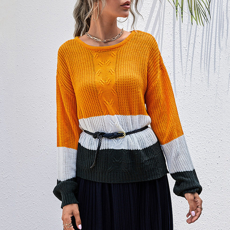Loose Fit Color-Block Knit Sweater with Crewneck