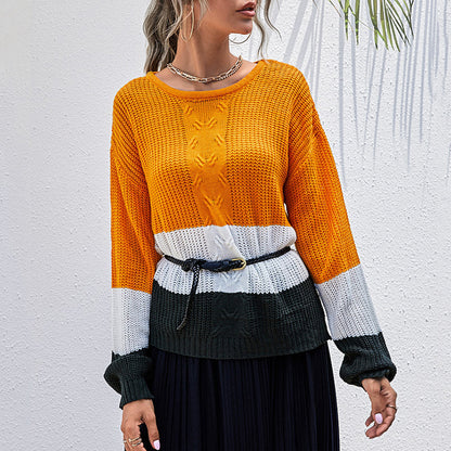 Loose Fit Color-Block Knit Sweater with Crewneck