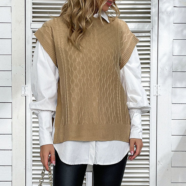 Loose Fit Khaki Cable Knit Sweater Vest with Round Neck