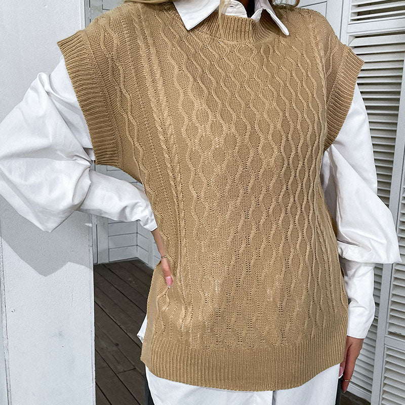 Loose Fit Khaki Cable Knit Sweater Vest with Round Neck