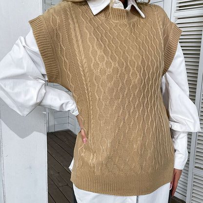 Loose Fit Khaki Cable Knit Sweater Vest with Round Neck