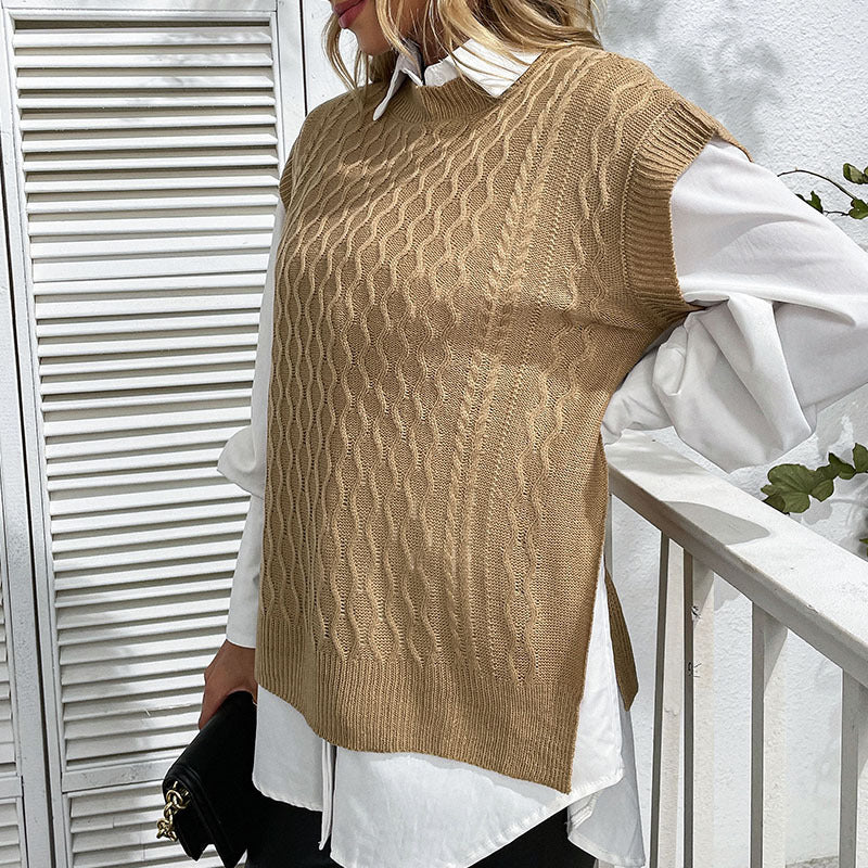 Loose Fit Khaki Cable Knit Sweater Vest with Round Neck