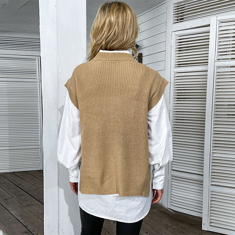 Loose Fit Khaki Cable Knit Sweater Vest with Round Neck