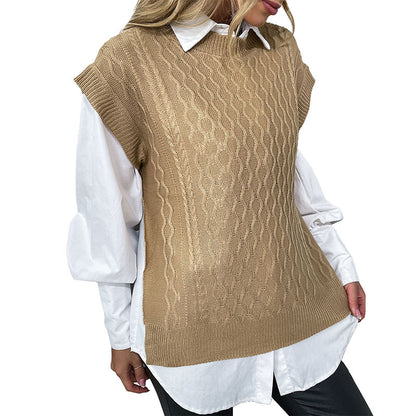 Loose Fit Khaki Cable Knit Sweater Vest with Round Neck