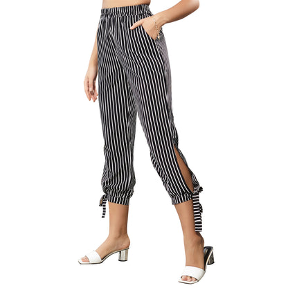 Printed Cropped Pants with High Waist and Tie Cuffs