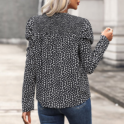 Leopard Print Blouse with Ruched Neck and Puff Sleeves