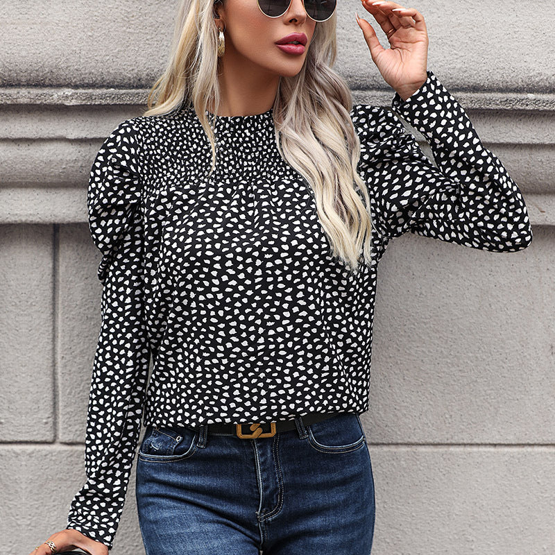 Leopard Print Blouse with Ruched Neck and Puff Sleeves
