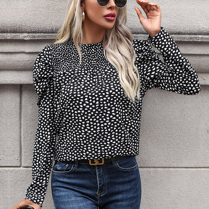 Leopard Print Blouse with Ruched Neck and Puff Sleeves