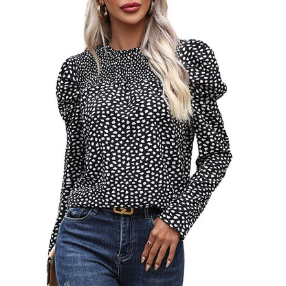 Leopard Print Blouse with Ruched Neck and Puff Sleeves