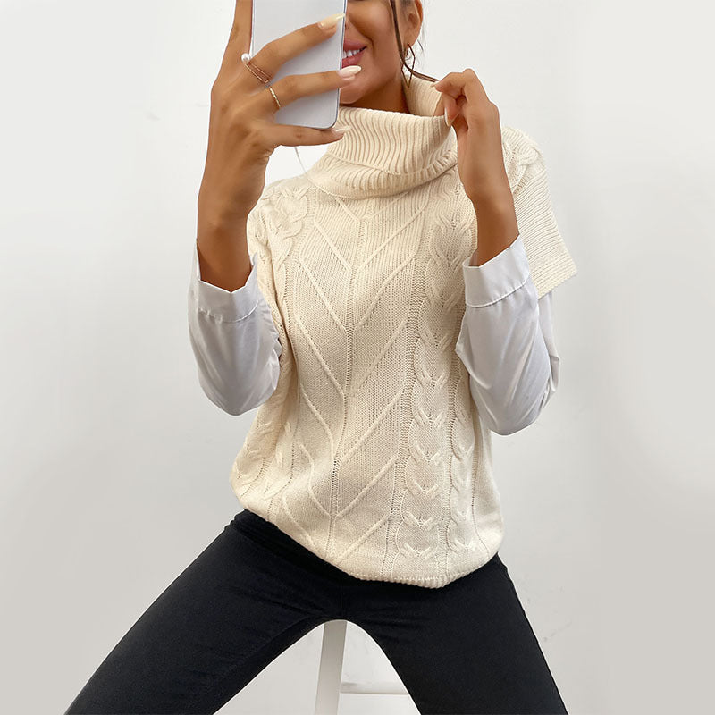 Twist Knit Sweater Vest with Turtleneck and Cap Sleeves