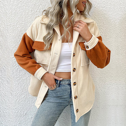 Color-blocked Fleece Shacket with Lapel Collar and Chest Pockets