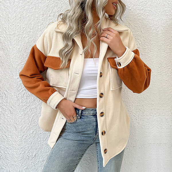 Color-blocked Fleece Shacket with Lapel Collar and Chest Pockets