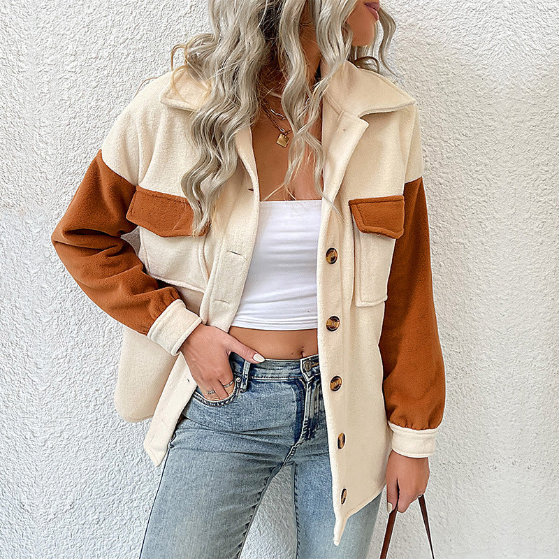 Color-blocked Fleece Shacket with Lapel Collar and Chest Pockets