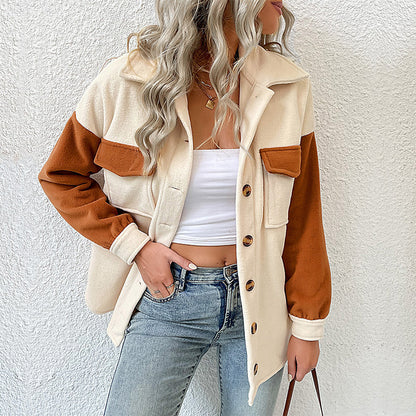 Color-blocked Fleece Shacket with Lapel Collar and Chest Pockets