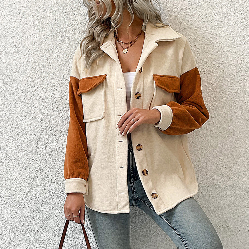 Color-blocked Fleece Shacket with Lapel Collar and Chest Pockets