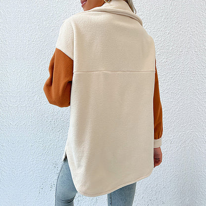 Color-blocked Fleece Shacket with Lapel Collar and Chest Pockets