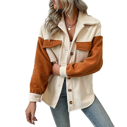 Color-blocked Fleece Shacket with Lapel Collar and Chest Pockets