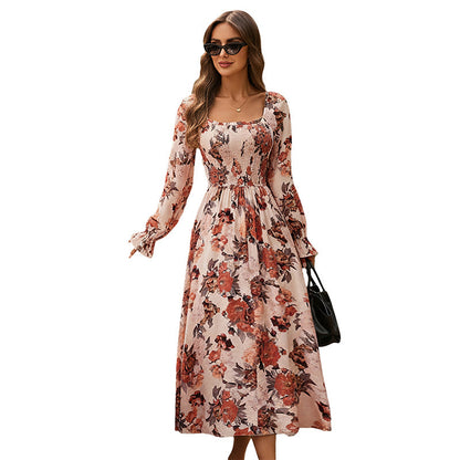 Floral A-Line Midi Dress with Square Neck and Shirred Bodice