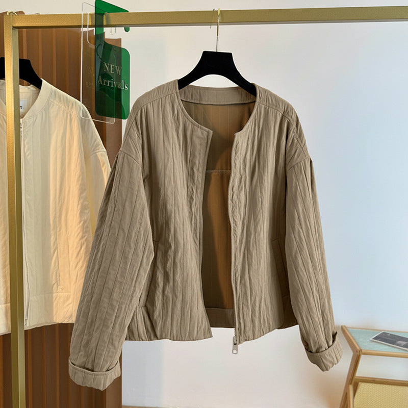 Collarless Textured Jacket with Zipper Front