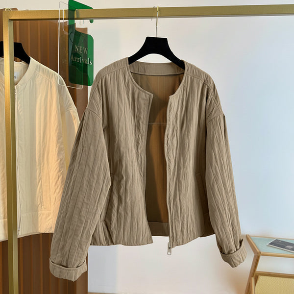 Collarless Textured Jacket with Zipper Front