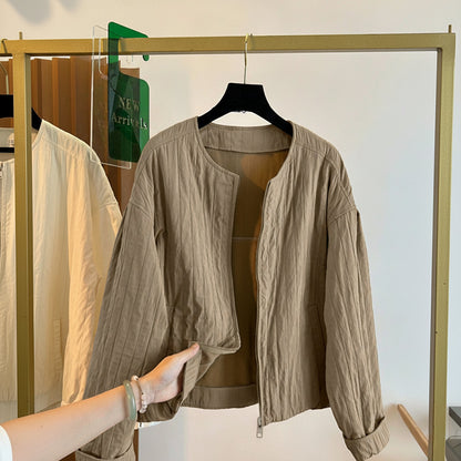 Collarless Textured Jacket with Zipper Front