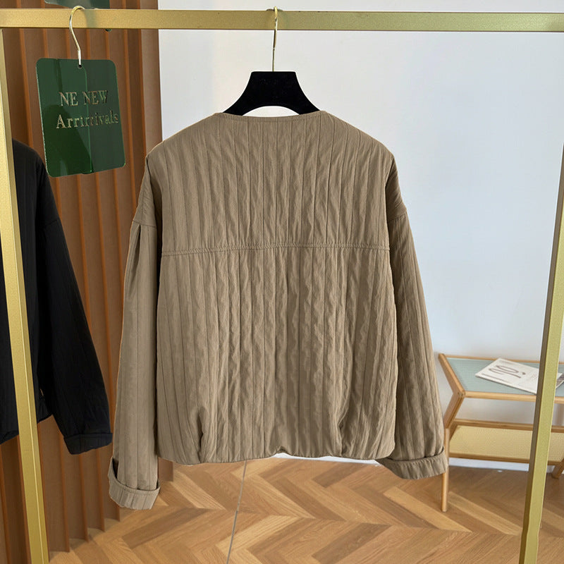 Collarless Textured Jacket with Zipper Front