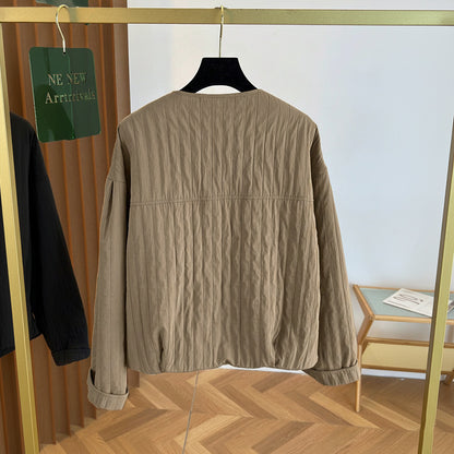 Collarless Textured Jacket with Zipper Front
