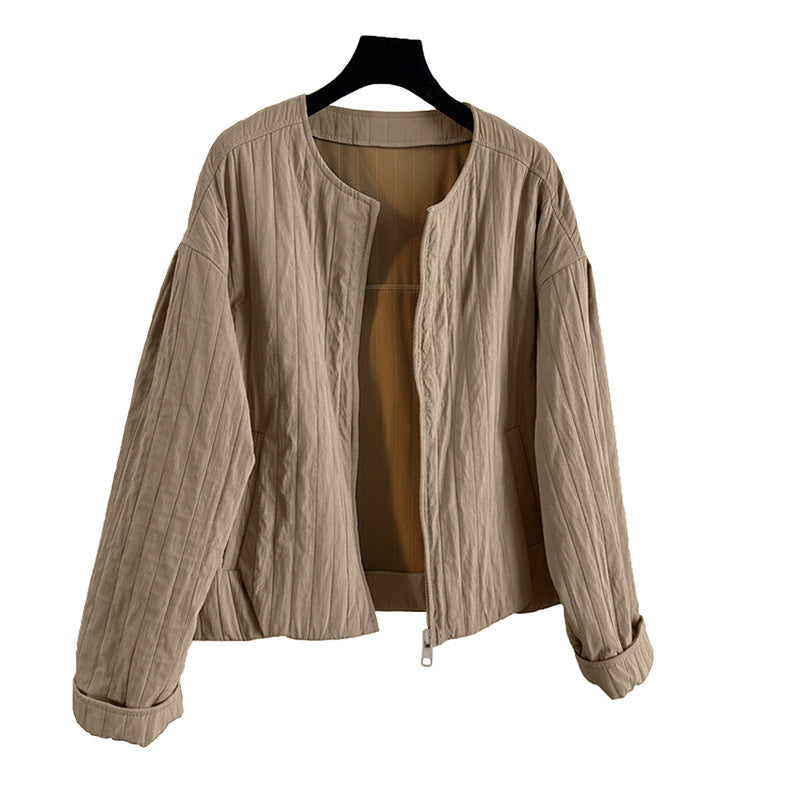 Collarless Textured Jacket with Zipper Front