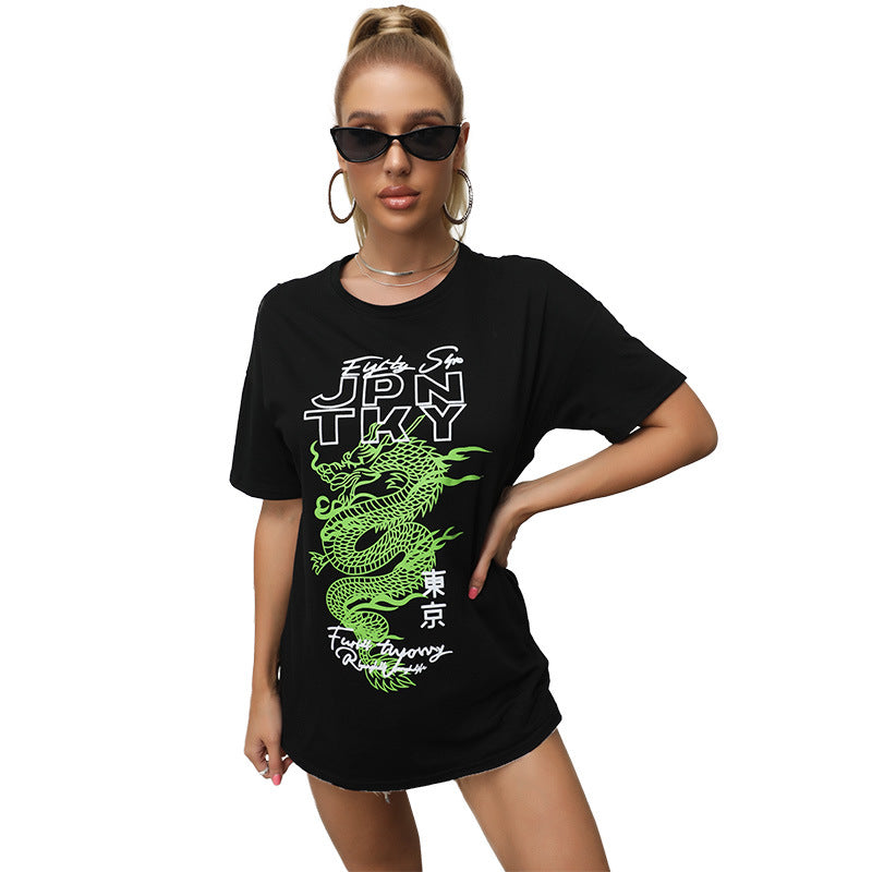 Oversized T-Shirt with Japanese Dragon Print