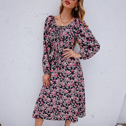 Floral Print A-Line Midi Dress with Tie-Neck and Puff Sleeves