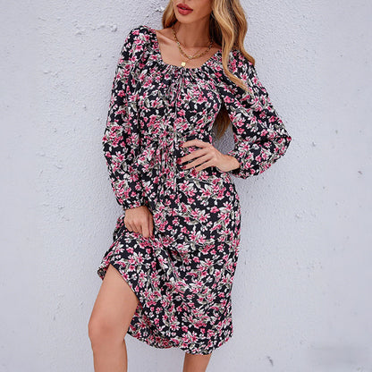 Floral Print A-Line Midi Dress with Tie-Neck and Puff Sleeves