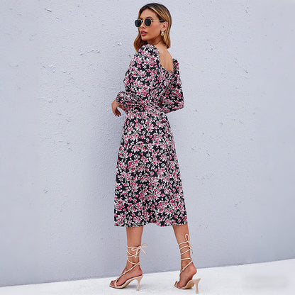 Floral Print A-Line Midi Dress with Tie-Neck and Puff Sleeves
