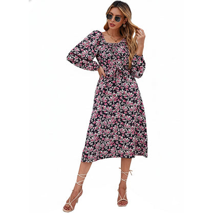 Floral Print A-Line Midi Dress with Tie-Neck and Puff Sleeves