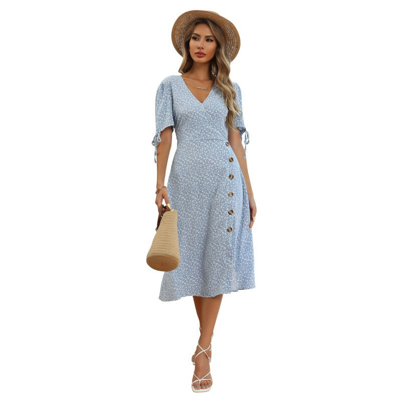 Ditsy Floral A-Line Midi Dress with Puff Sleeves and Side Buttons