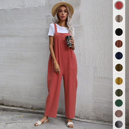 Loose Fit Cotton Linen Suspender Jumpsuit
