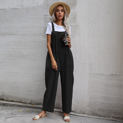 Loose Fit Cotton Linen Suspender Jumpsuit